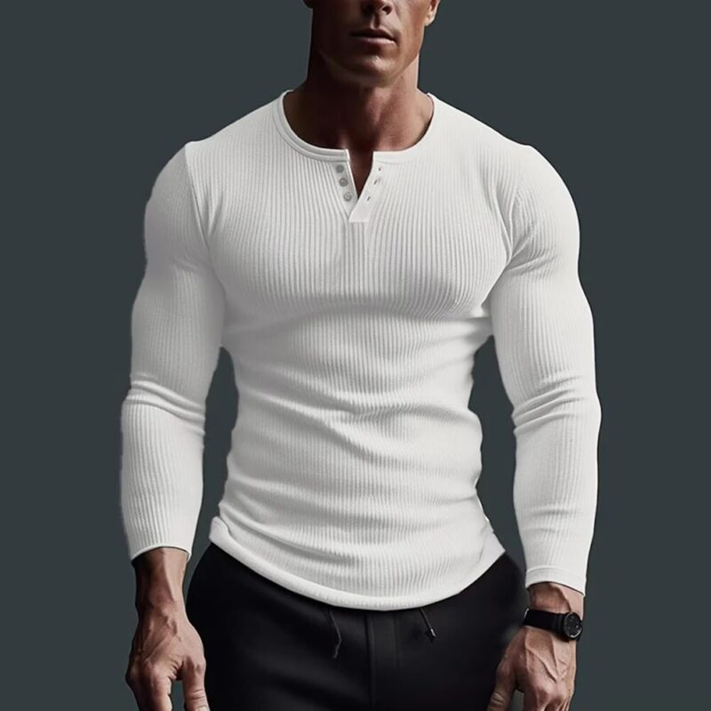 Men's Casual Waffle Fitness Muscle T-Shirt Long Sleeve Solid Color Button V Neck Basic Breathable Tops Tees T Shirts Clothing