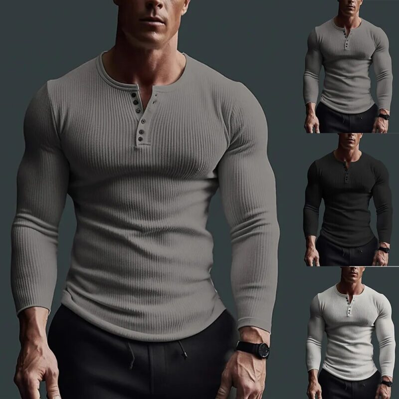 Men's Casual Waffle Fitness Muscle T-Shirt Long Sleeve Solid Color Button V Neck Basic Breathable Tops Tees T Shirts Clothing - Image 4