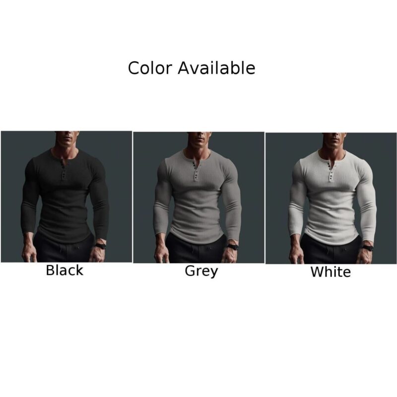 Men's Casual Waffle Fitness Muscle T-Shirt Long Sleeve Solid Color Button V Neck Basic Breathable Tops Tees T Shirts Clothing - Image 5