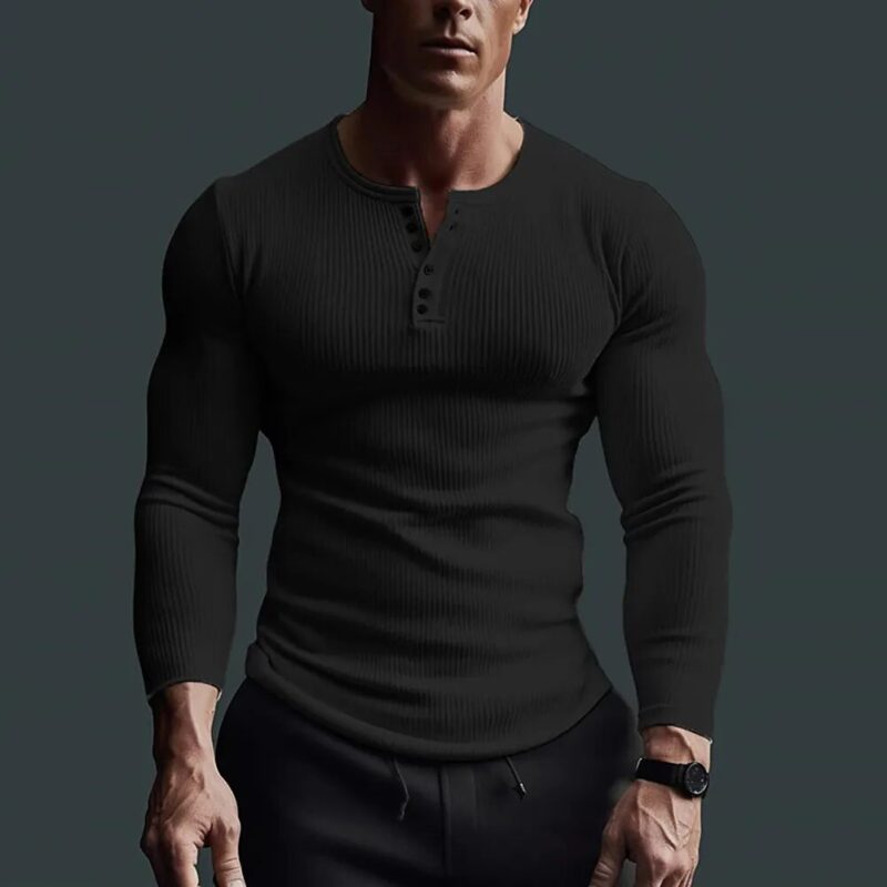 Men's Casual Waffle Fitness Muscle T-Shirt Long Sleeve Solid Color Button V Neck Basic Breathable Tops Tees T Shirts Clothing - Image 3