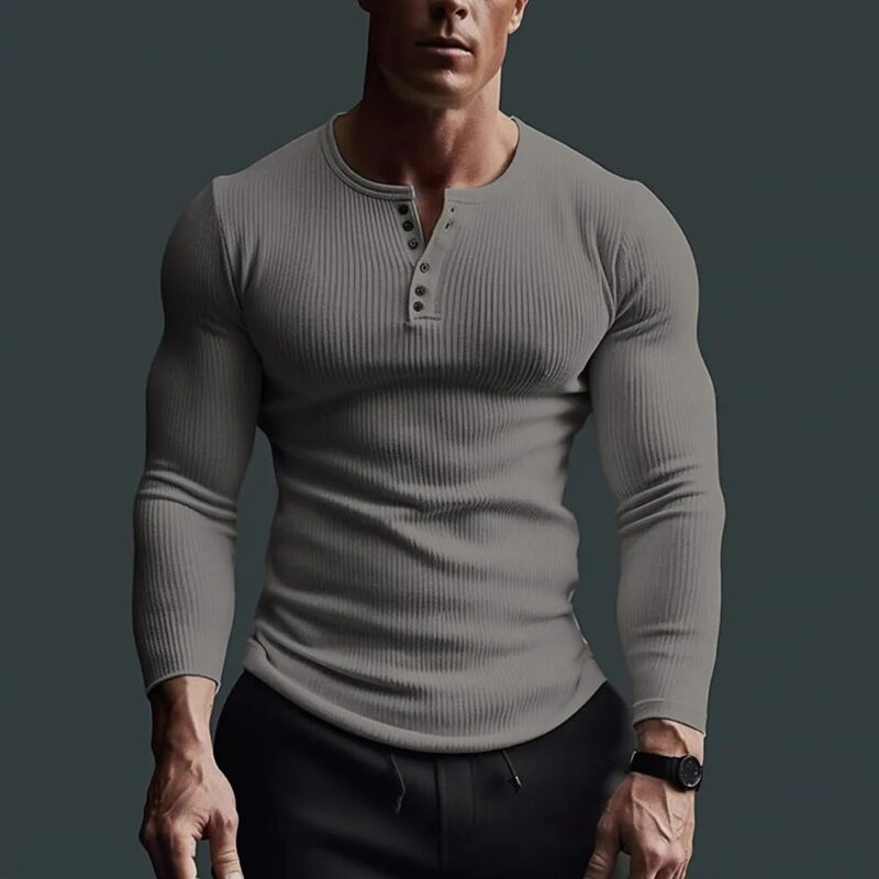 Men's Casual Waffle Fitness Muscle T-Shirt Long Sleeve Solid Color Button V Neck Basic Breathable Tops Tees T Shirts Clothing - Image 2